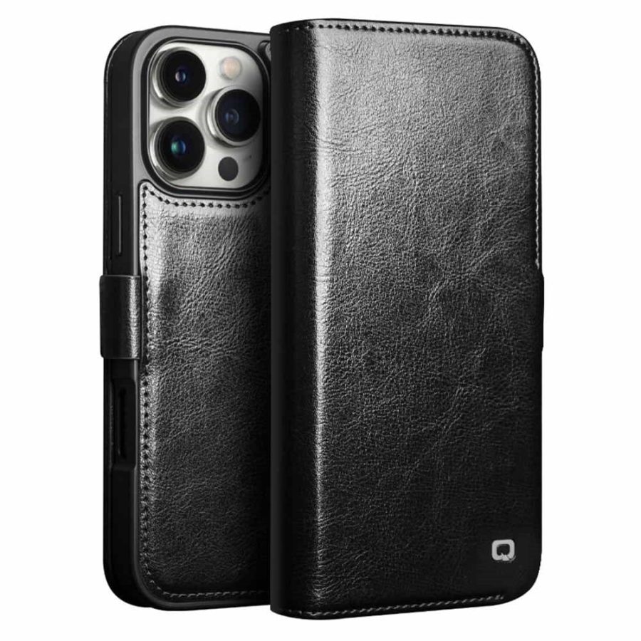 QIALINO For iPhone 16 Pro Case Genuine Leather Wallet Magnetic Closure Phone Cover