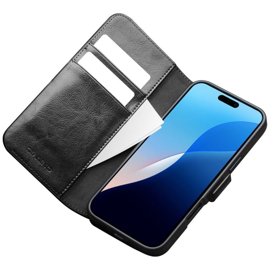 QIALINO For iPhone 16 Pro Case Genuine Leather Wallet Magnetic Closure Phone Cover