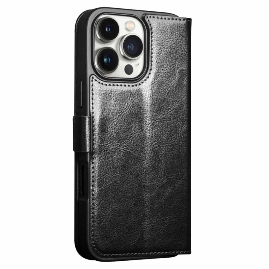 QIALINO For iPhone 16 Pro Case Genuine Leather Wallet Magnetic Closure Phone Cover
