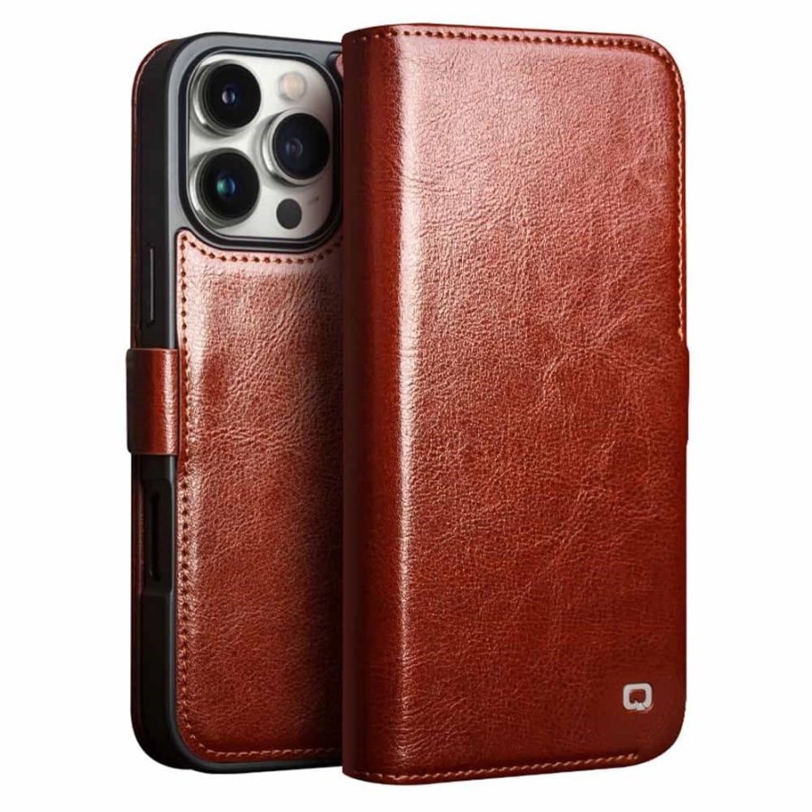 QIALINO For iPhone 16 Pro Case Genuine Leather Wallet Magnetic Closure Phone Cover