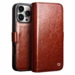 QIALINO For iPhone 16 Pro Max Case Genuine Leather Wallet Magnetic Closure Phone Cover