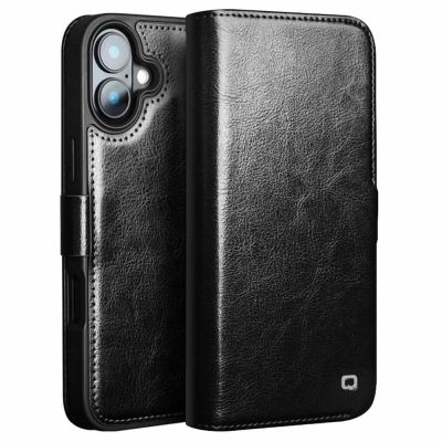 QIALINO For iPhone 16 Case Genuine Leather Wallet Magnetic Closure Phone Cover