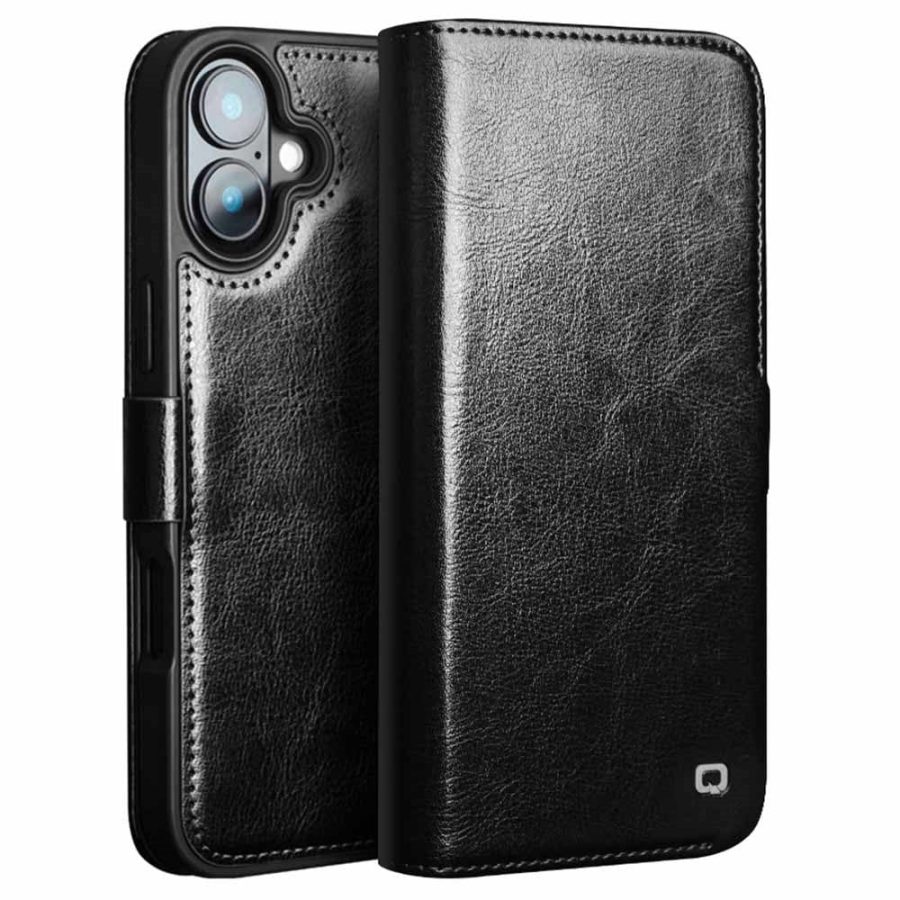 QIALINO For iPhone 16 Case Genuine Leather Wallet Magnetic Closure Phone Cover
