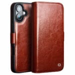 QIALINO For iPhone 16 Case Genuine Leather Wallet Magnetic Closure Phone Cover
