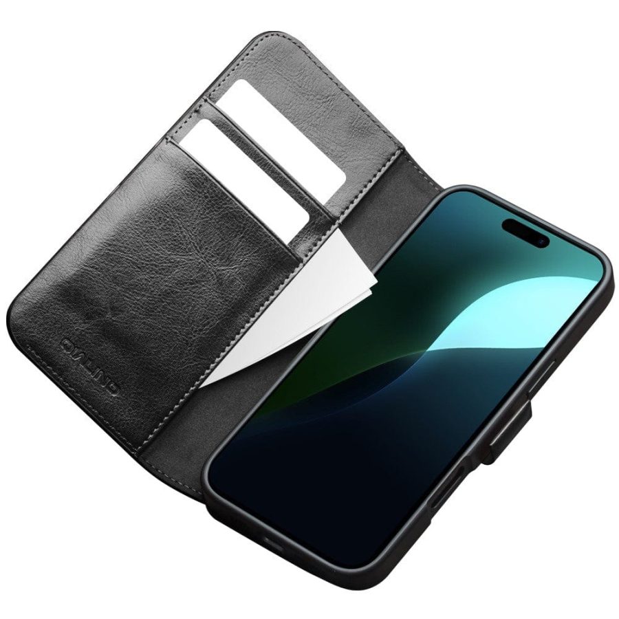 QIALINO For iPhone 16 Plus Case Genuine Leather Wallet Magnetic Closure Phone Cover
