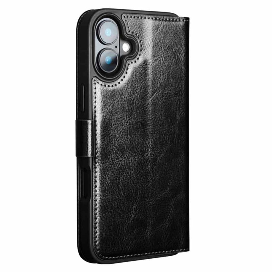 QIALINO For iPhone 16 Plus Case Genuine Leather Wallet Magnetic Closure Phone Cover