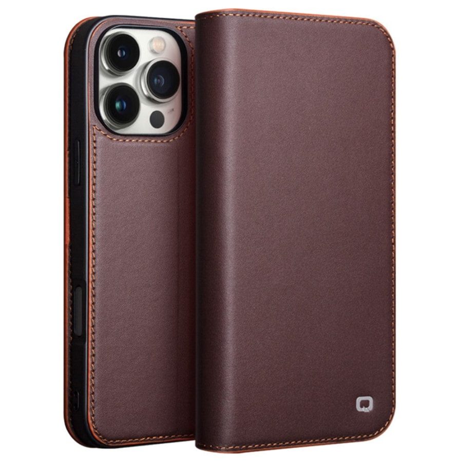 QIALINO For iPhone 16 Pro Max Stand Case Anti-Drop Genuine Leather Wallet Phone Cover