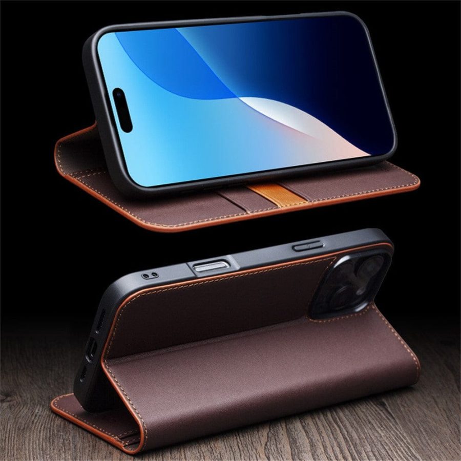 QIALINO For iPhone 16 Pro Stand Case Anti-Drop Genuine Leather Wallet Phone Cover