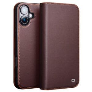 QIALINO For iPhone 16 Stand Case Anti-Drop Genuine Leather Wallet Phone Cover