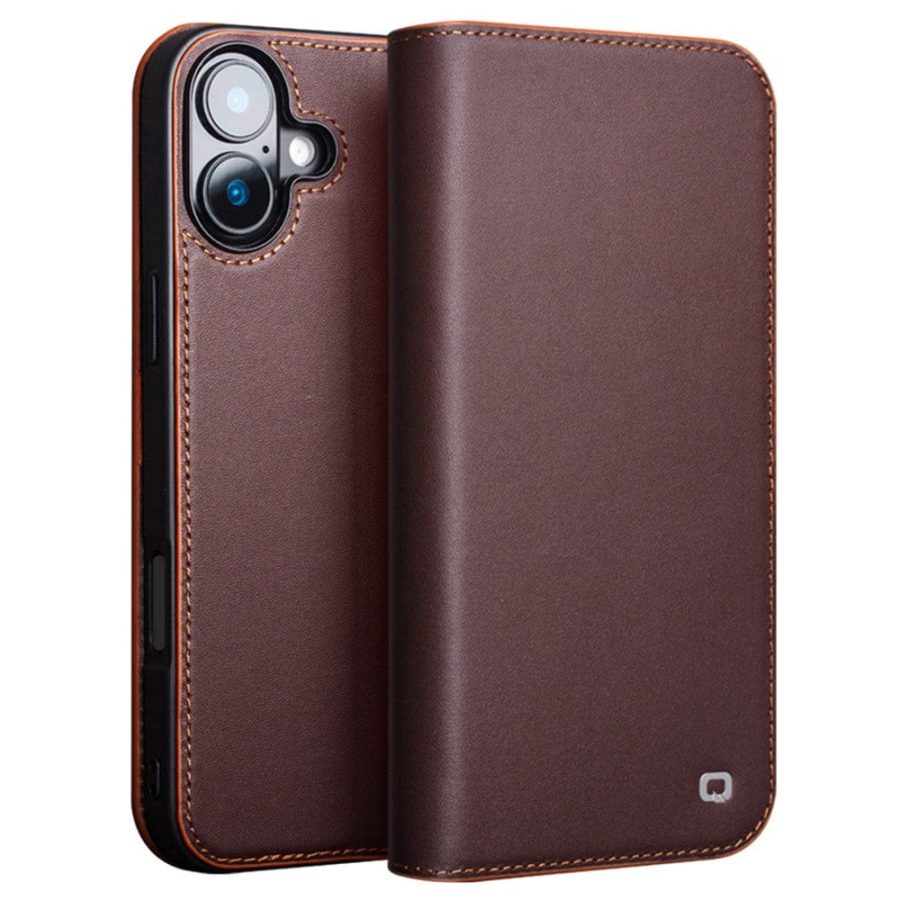QIALINO For iPhone 16 Stand Case Anti-Drop Genuine Leather Wallet Phone Cover
