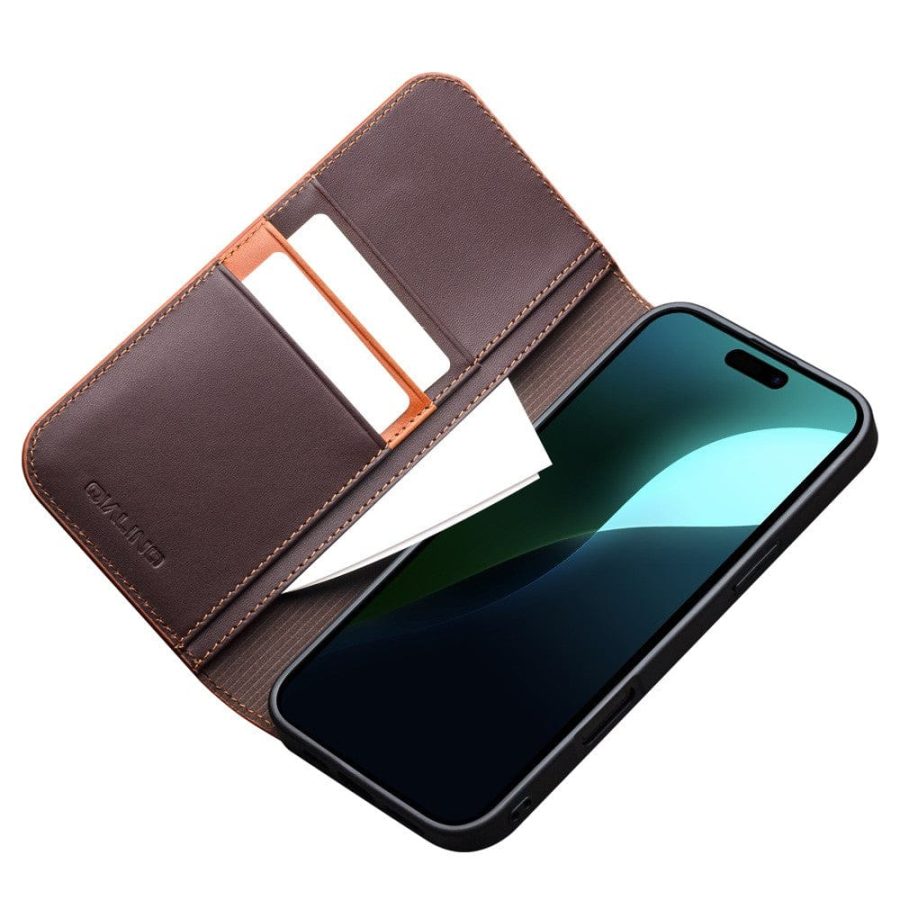 QIALINO For iPhone 16 Stand Case Anti-Drop Genuine Leather Wallet Phone Cover