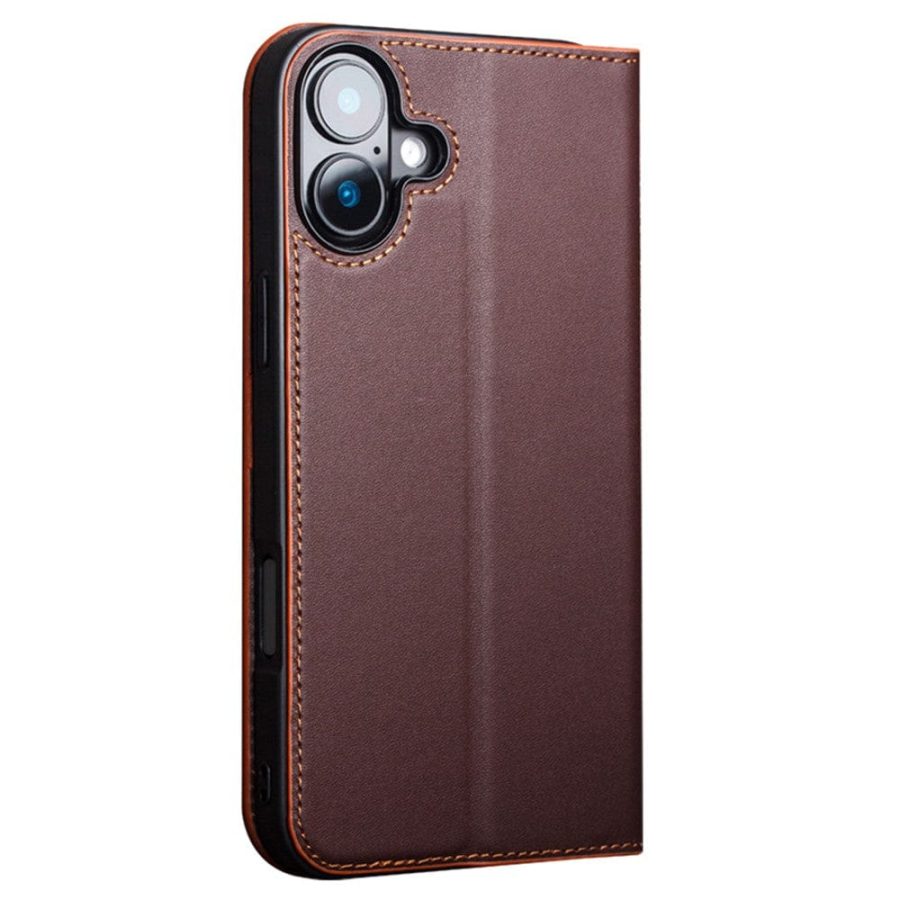 QIALINO For iPhone 16 Stand Case Anti-Drop Genuine Leather Wallet Phone Cover