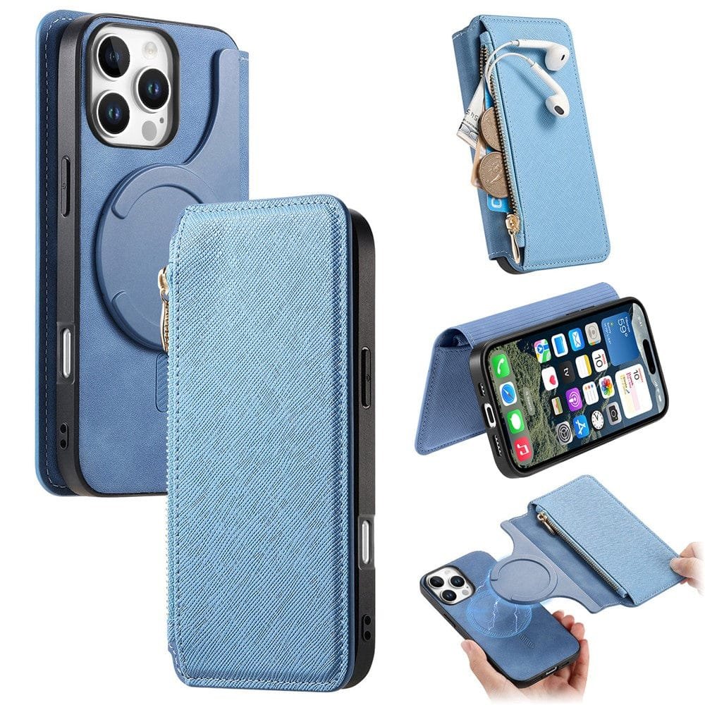 CASENEO For iPhone 16 Pro Max Case Cross Texture Leather Detachable Zipper Wallet Magnetic Phone Cover - Image 15