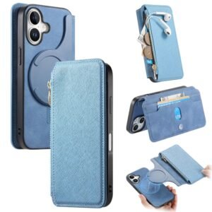 CASENEO For iPhone 16 Case Cross Texture Leather Detachable Zipper Wallet Magnetic Phone Cover