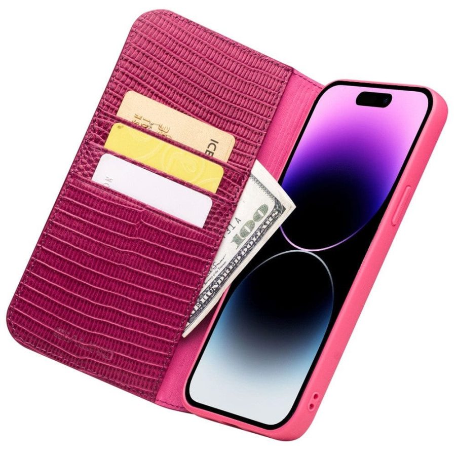 660111855A-2 QIALINO For iPhone 14 Pro Max Genuine Leather Case Crocodile Texture Stand Wallet Folio Flip Phone Cover