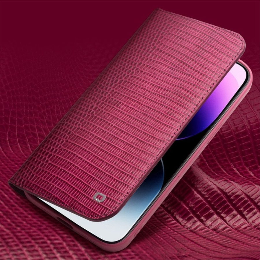 660111855A-5 QIALINO For iPhone 14 Pro Max Genuine Leather Case Crocodile Texture Stand Wallet Folio Flip Phone Cover