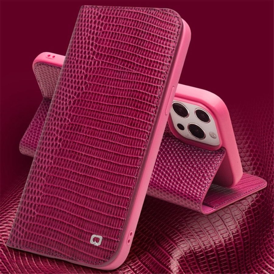 660111855A-6 QIALINO For iPhone 14 Pro Max Genuine Leather Case Crocodile Texture Stand Wallet Folio Flip Phone Cover