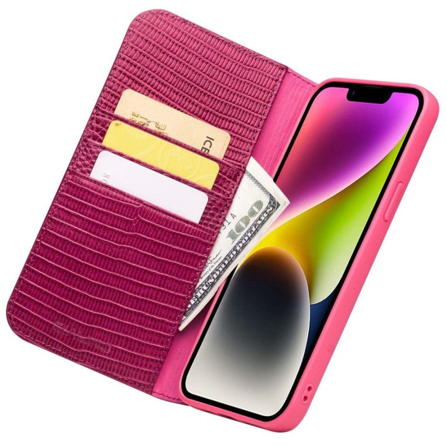 660111857A-2 QIALINO for iPhone 14 Plus Case Scratch Resistant Wallet Stand Crocodile Texture Genuine Leather Anti-Shock Phone Cover