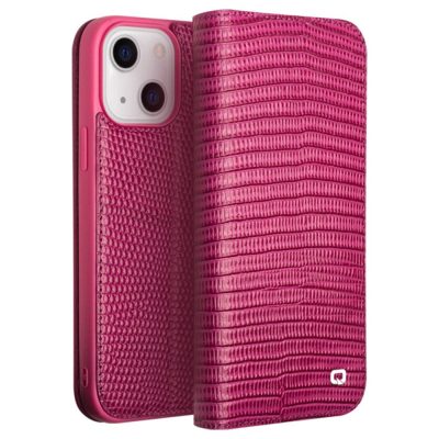QIALINO for iPhone 14 Case Scratch Resistant Wallet Stand Crocodile Texture Genuine Leather Anti-Shock Phone Cover