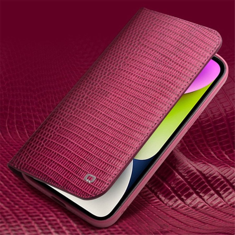 660111858A-5 QIALINO for iPhone 14 Case Scratch Resistant Wallet Stand Crocodile Texture Genuine Leather Anti-Shock Phone Cover