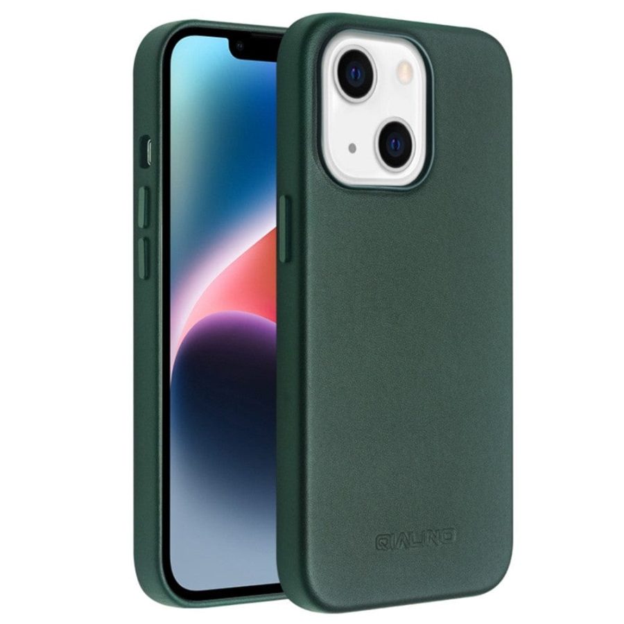 660111905E-1 QIALINO for iPhone 14 Plus Case Magnetic Anti-Fall Genuine Leather Shockproof Phone Cover
