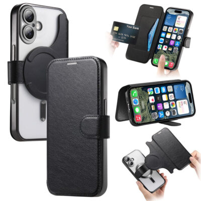 CASENEO For iPhone 16 Case Compatible with MagSafe Detachable Leather Phone Cover with Lens Film