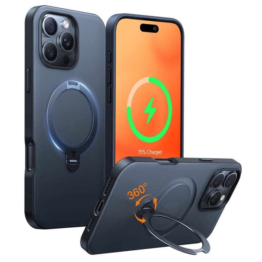 TORRAS Ostand Q3 Spin Series For iPhone 16 Pro Case Compatible with MagSafe Rotating Kickstand PC+TPU Phone Cover Black by The Case Factory