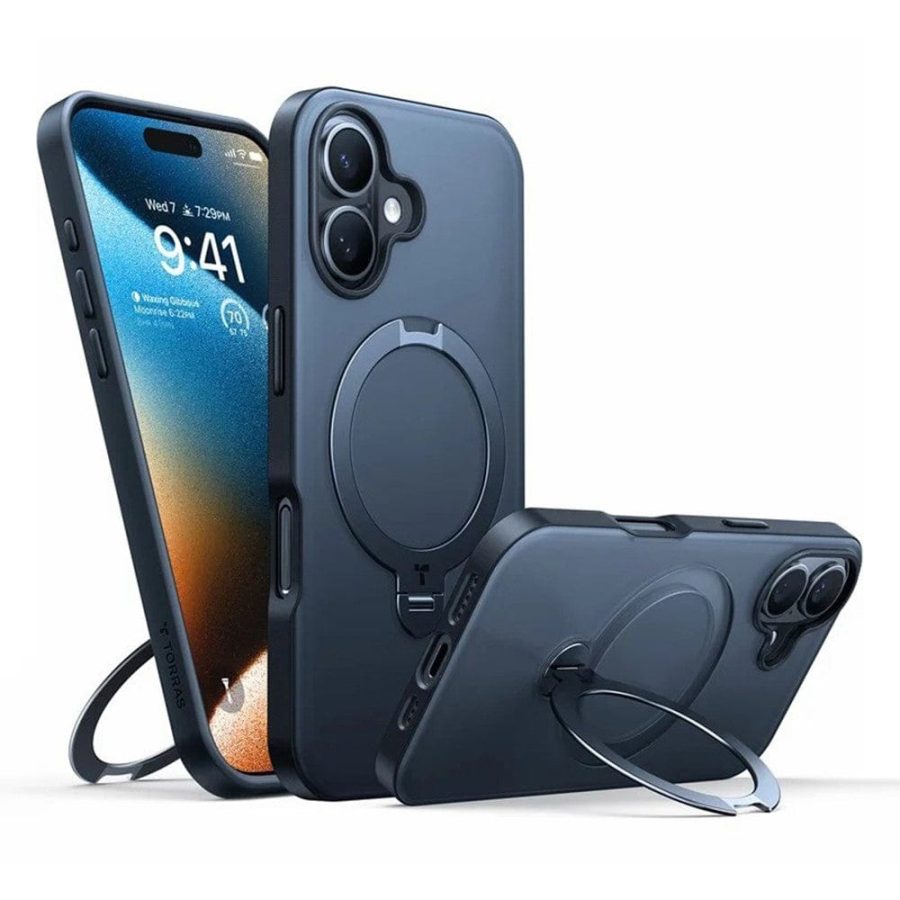 TORRAS Ostand Q3 Spin Series For iPhone 16 Case Compatible with MagSafe Rotating Kickstand PC+TPU Phone Cover Black by The Case Factory
