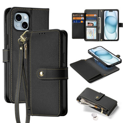 DUX DUCIS Lawa Series for iPhone 15 Case Detachable Zipper Wallet Cowhide Leather Cover | Compatible with MagSafe