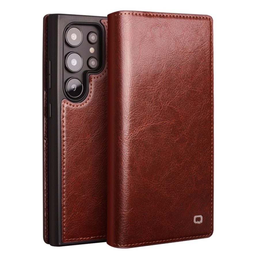 QIALINO For Samsung Galaxy S25 Ultra Wallet Case Waxy Genuine Leather Flip Phone Cover