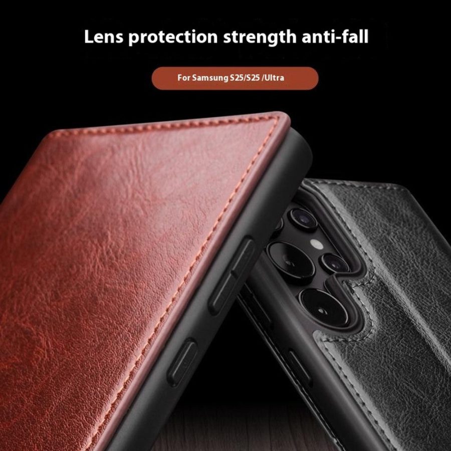 QIALINO For Samsung Galaxy S25 Ultra Wallet Case Waxy Genuine Leather Flip Phone Cover