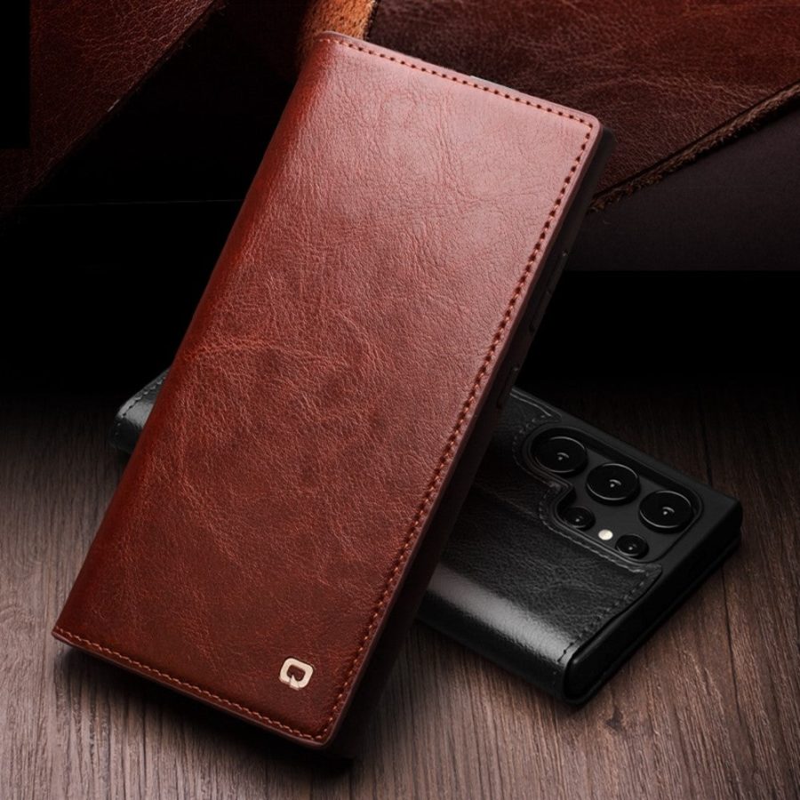 QIALINO For Samsung Galaxy S25 Ultra Wallet Case Waxy Genuine Leather Flip Phone Cover