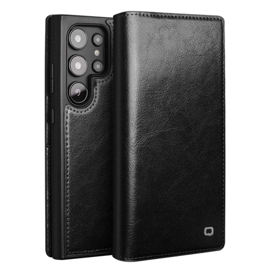 QIALINO For Samsung Galaxy S25 Ultra Wallet Case Waxy Genuine Leather Flip Phone Cover