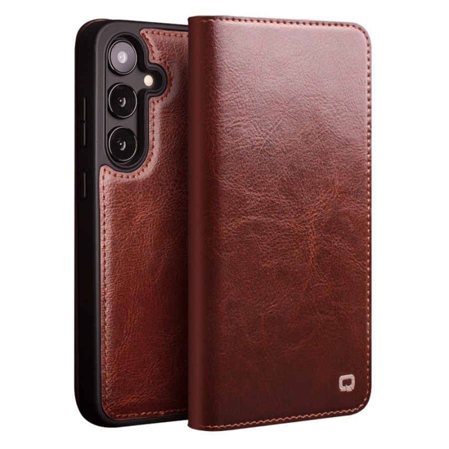 QIALINO For Samsung Galaxy S25+ Wallet Case Waxy Genuine Leather Flip Phone Cover