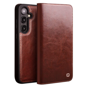 QIALINO For Samsung Galaxy S25 Case Wallet Flip Stand Waxy Genuine Leather Phone Cover