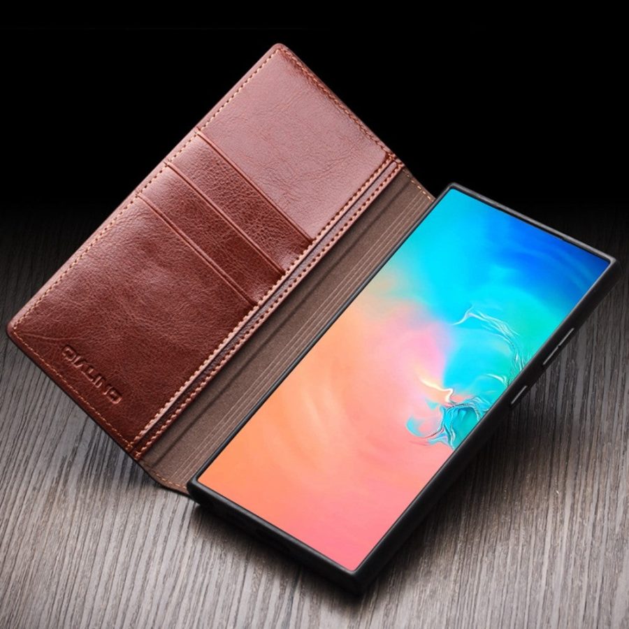 6601132742A-5 QIALINO For Samsung Galaxy S25 Case Wallet Flip Stand Waxy Genuine Leather Phone Cover