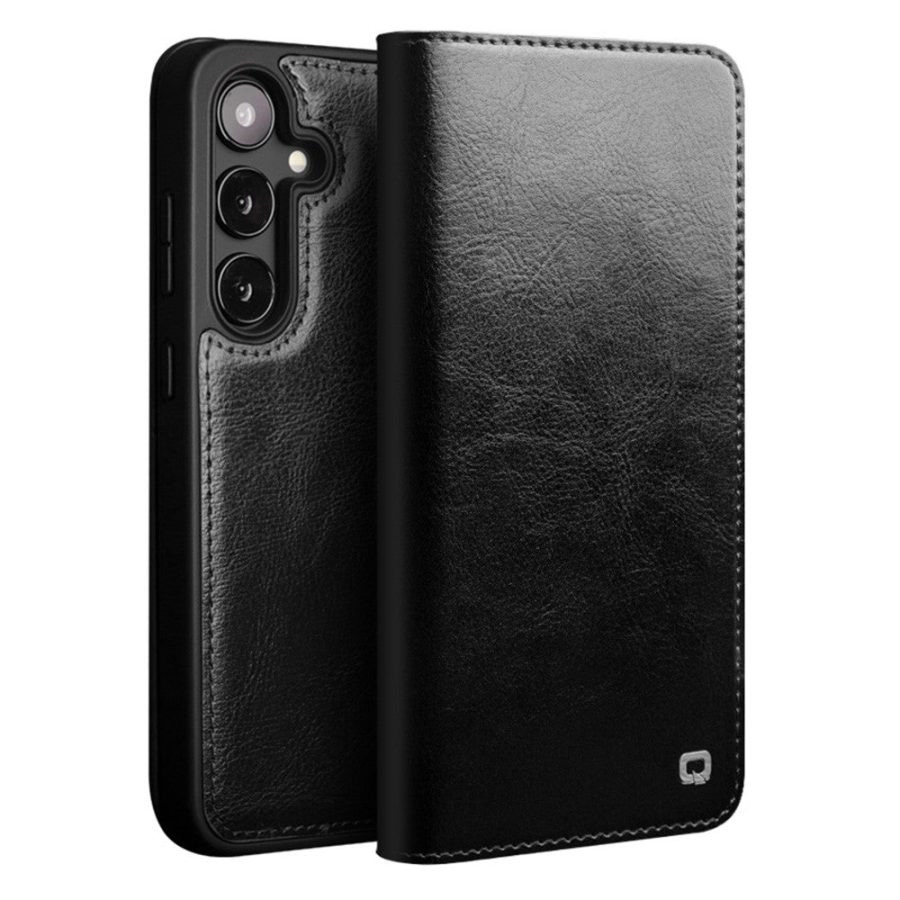 6601132742B-1 QIALINO For Samsung Galaxy S25 Case Wallet Flip Stand Waxy Genuine Leather Phone Cover