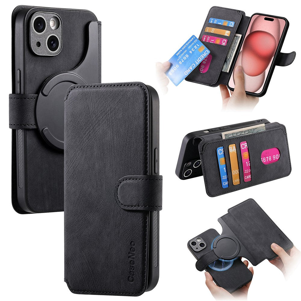 CASENEO MW-03 For iPhone 15 Plus Case Magnetic Detachable Wallet Leather Flip Phone Cover