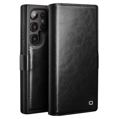 6601135305A-1 QIALINO For Samsung Galaxy S25 Ultra Wallet Case Waxy Genuine Leather Flip Phone Cover with Magnetic Closure