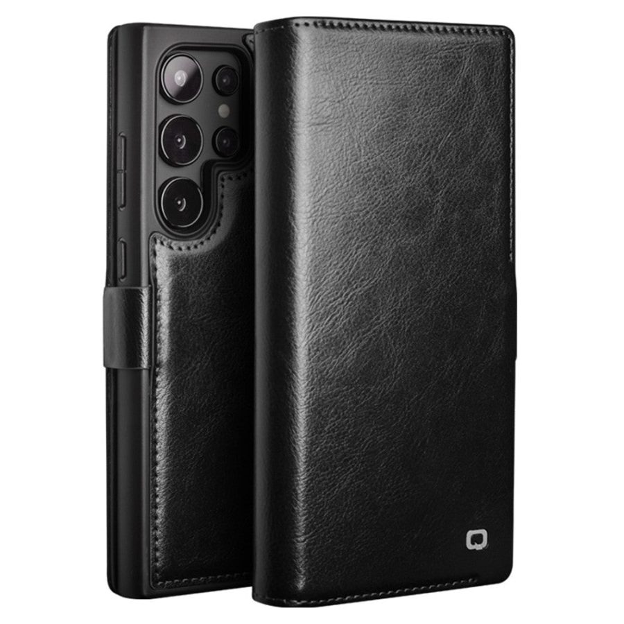 6601135305A-1 QIALINO For Samsung Galaxy S25 Ultra Wallet Case Waxy Genuine Leather Flip Phone Cover with Magnetic Closure