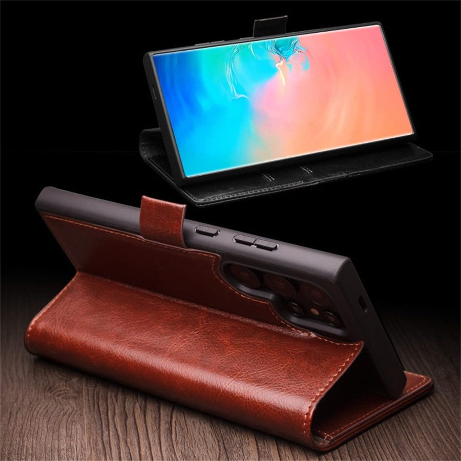6601135305A-5 QIALINO For Samsung Galaxy S25 Ultra Wallet Case Waxy Genuine Leather Flip Phone Cover with Magnetic Closure