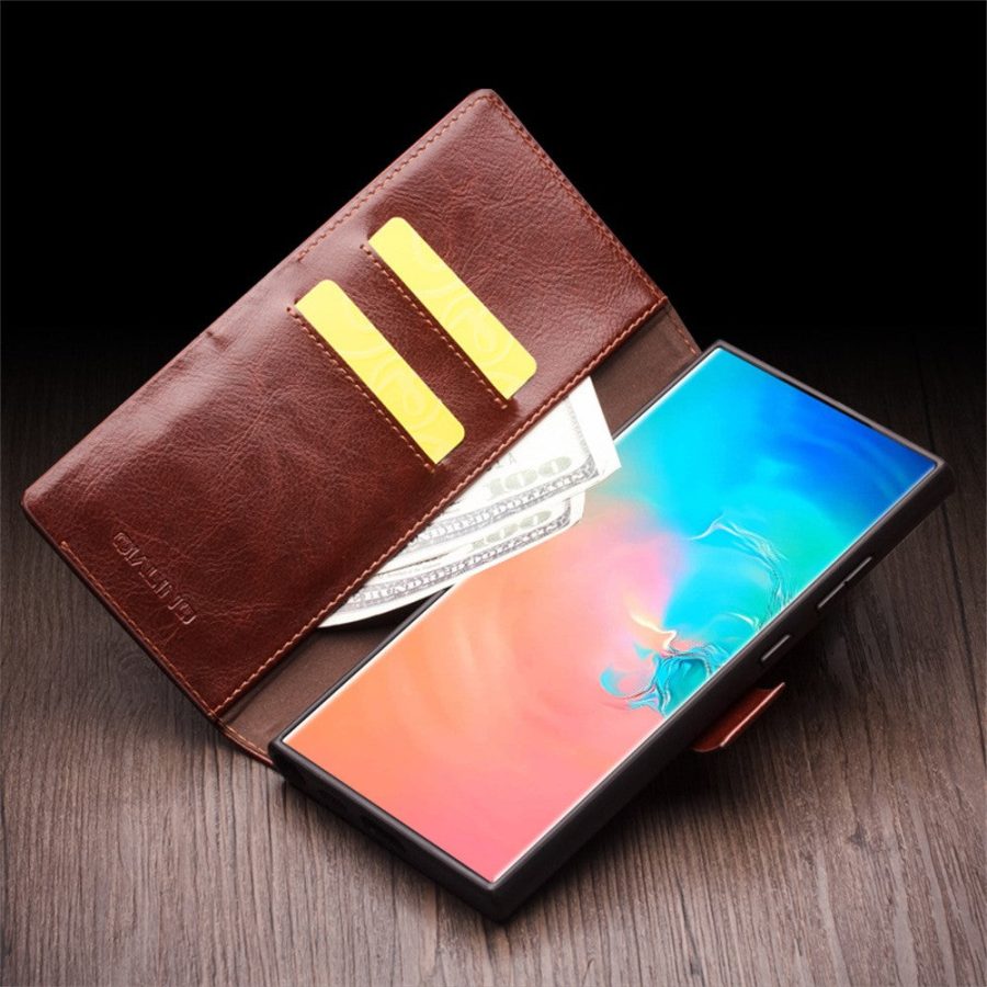 6601135305A-6 QIALINO For Samsung Galaxy S25 Ultra Wallet Case Waxy Genuine Leather Flip Phone Cover with Magnetic Closure