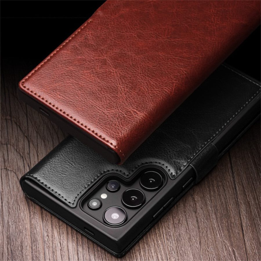 6601135305A-7 QIALINO For Samsung Galaxy S25 Ultra Wallet Case Waxy Genuine Leather Flip Phone Cover with Magnetic Closure