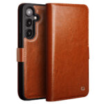 QIALINO For Samsung Galaxy S25+ Wallet Case Waxy Genuine Leather Magnetic Closure Flip Phone Cover