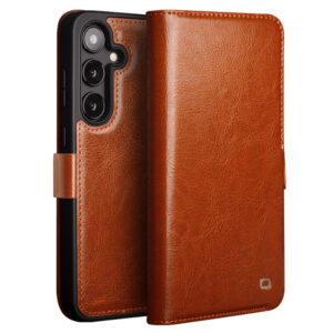 QIALINO For Samsung Galaxy S25 Wallet Case Waxy Genuine Leather Magnetic Closure Flip Phone Cover