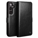 QIALINO For Samsung Galaxy S25 Wallet Case Waxy Genuine Leather Magnetic Closure Flip Phone Cover