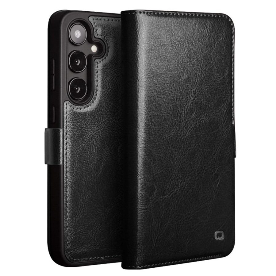 QIALINO For Samsung Galaxy S25 Wallet Case Waxy Genuine Leather Magnetic Closure Flip Phone Cover