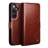 QIALINO For Samsung Galaxy S25 Wallet Case Waxy Genuine Leather Magnetic Closure Flip Phone Cover