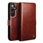 QIALINO For Samsung Galaxy S25 Wallet Case Waxy Genuine Leather Magnetic Closure Flip Phone Cover