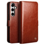 QIALINO For Samsung Galaxy S24 FE Wallet Case Waxy Genuine Cow Leather Flip Phone Cover
